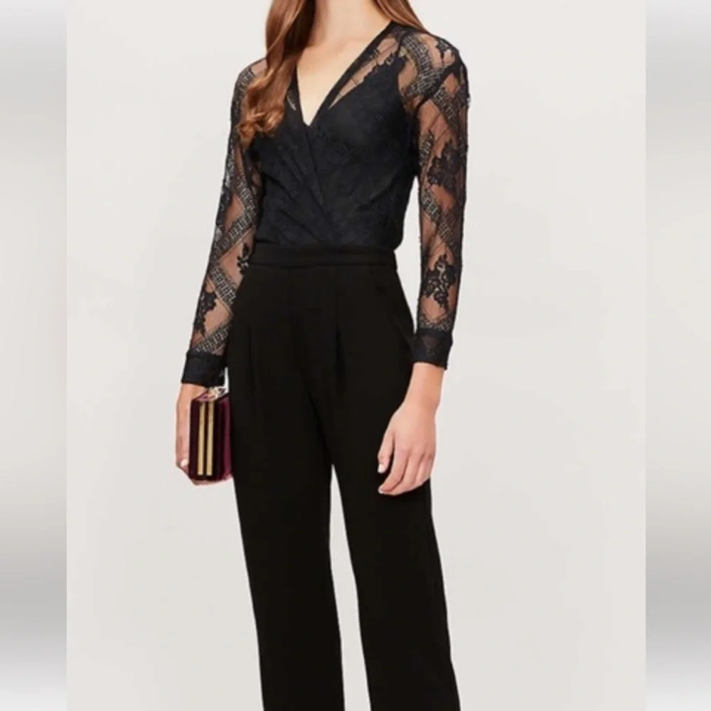 Maje Black Lace Jumpsuit with Sheer Sleeves xs straight leg cropped fairycore - Picture 7 of 7